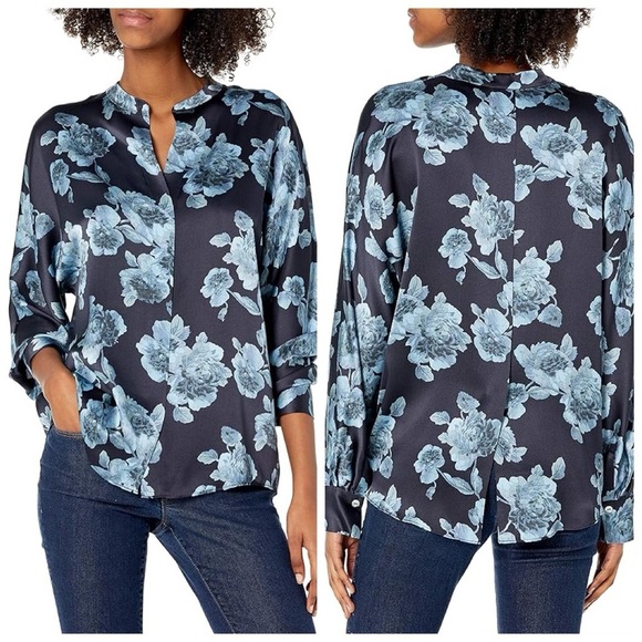 Vince Tapestry Floral Silk Popover Top Blue Black - Picture 13 of 13